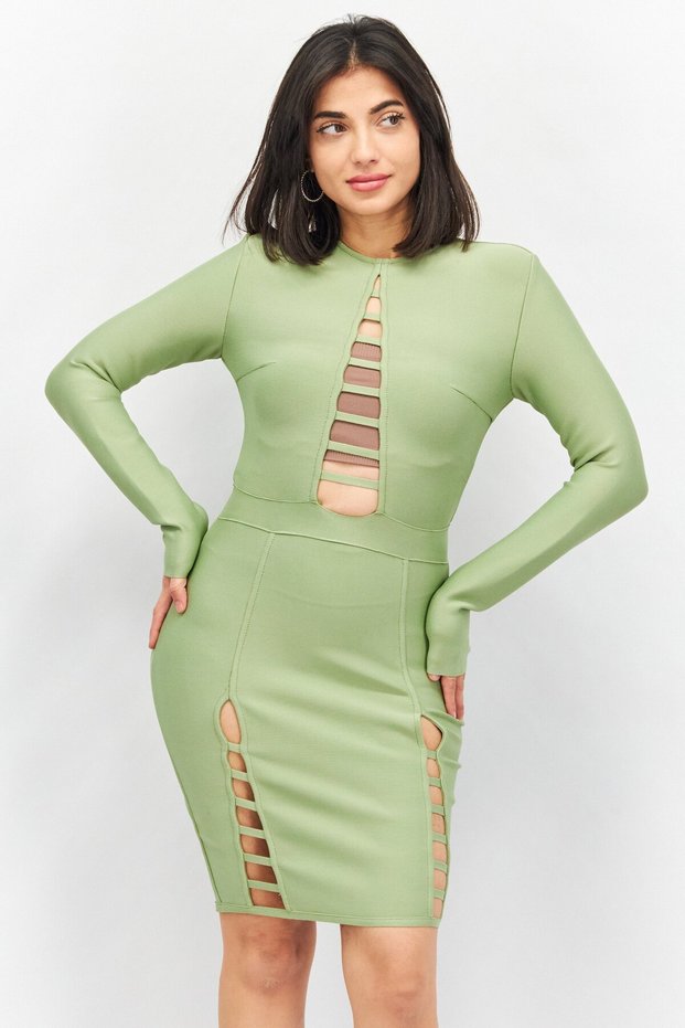 Women Cut Out Details Mini Party Dress, Sage Green