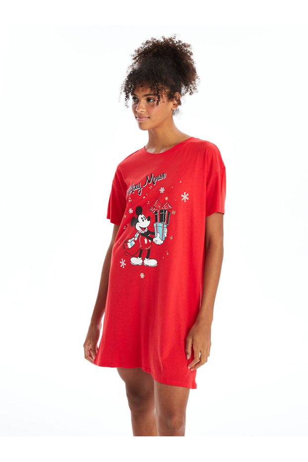 Red Crew Neck Mickey Mouse Printed Women's Nightgown