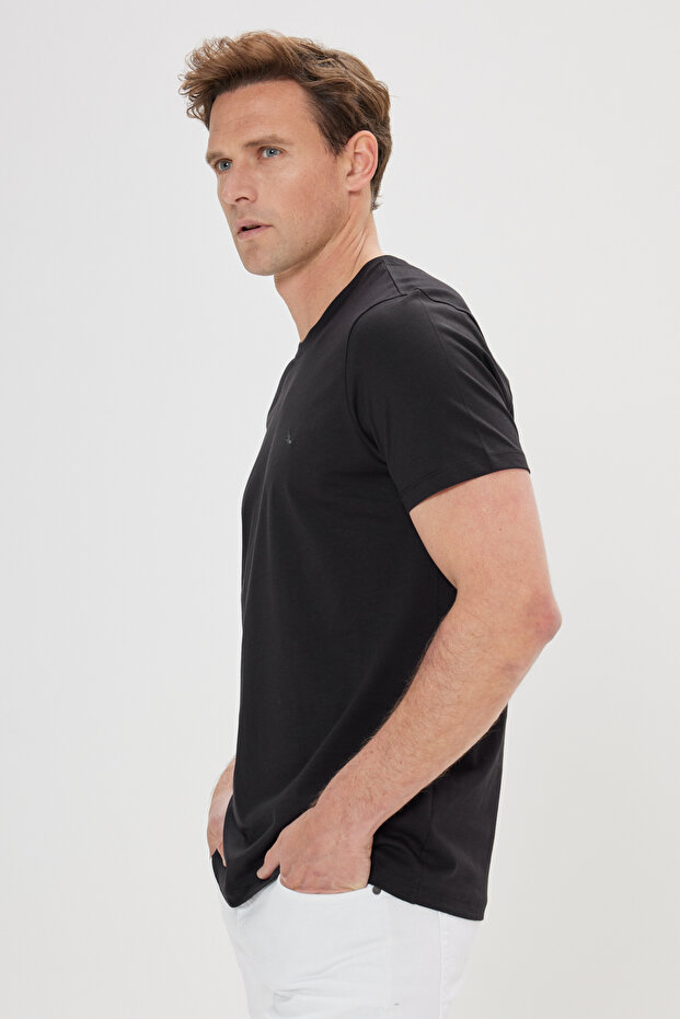 Erkek Siyah Slim Fit Dar Kesim Bisiklet Yaka Pamuklu Tişört - 8