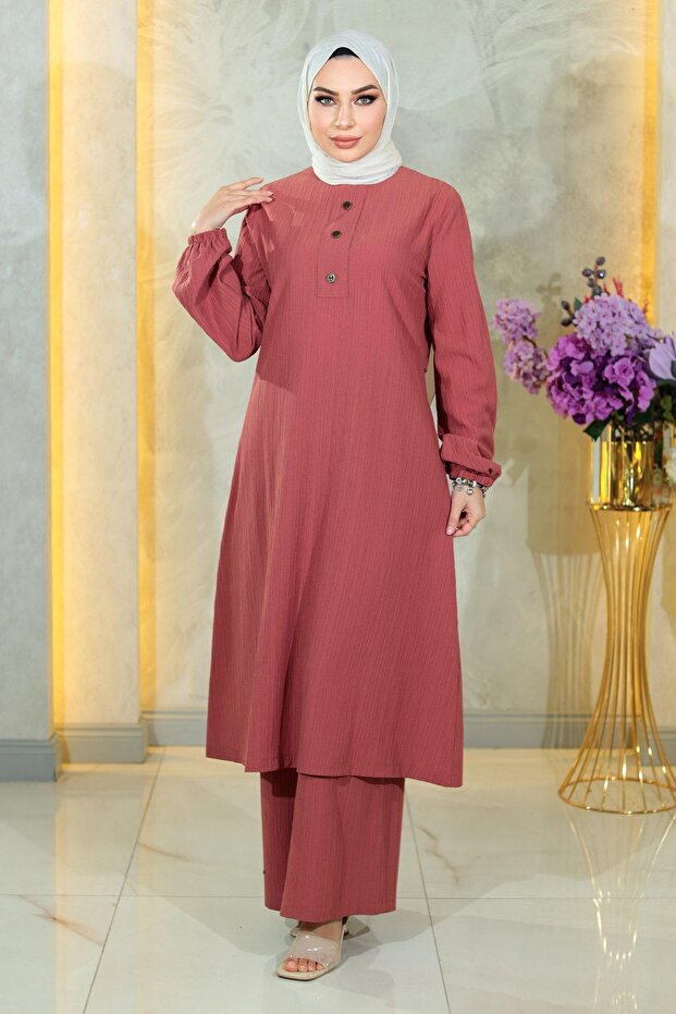 Buttoned Hijab Set Dried Rose 10358