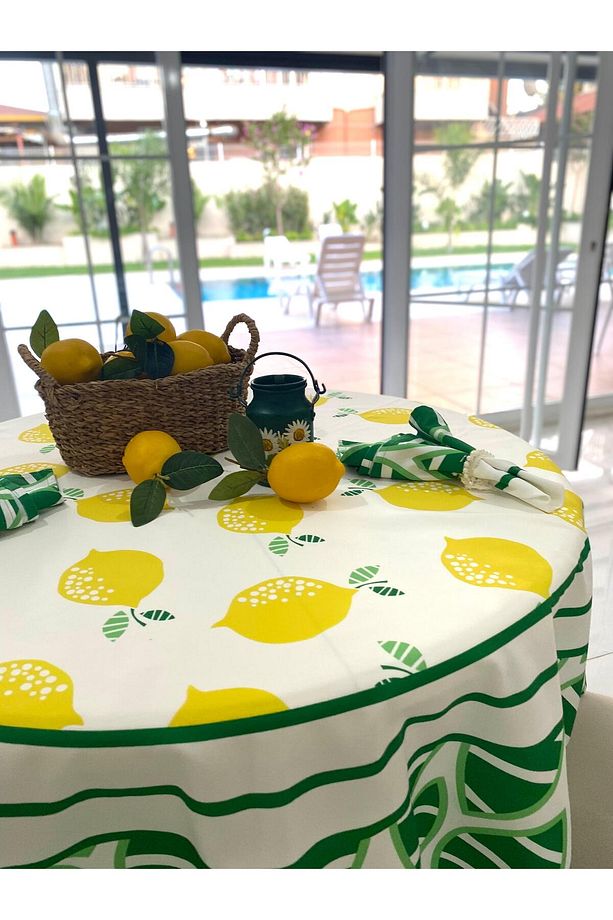152cm %100 Pamuk Dokuma Kumaş Yuvarlak Masa Örtüsü Limon Desenli - 3