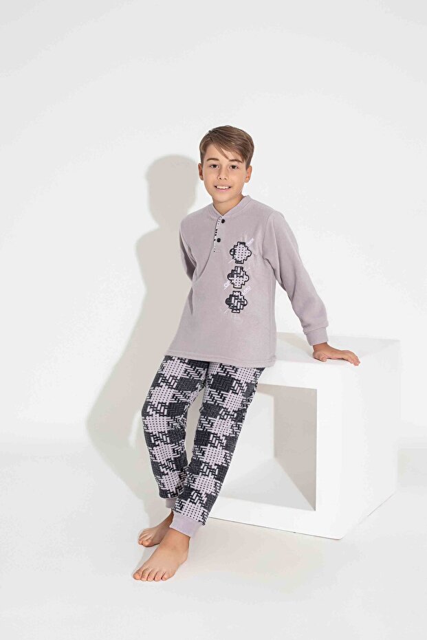 Men's Youth and Children's Plaid-Square Patterned Long Sleeve Fleece Plush Fabric Winter Warm Pajamas Set