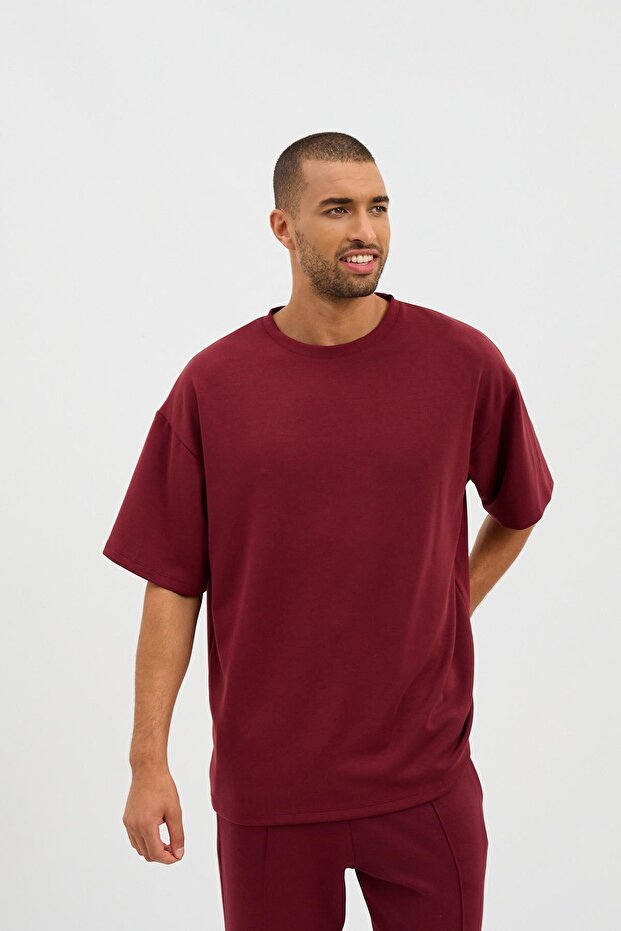 Erkek Basic Fluffy Modal Tshirt Bordo - 3