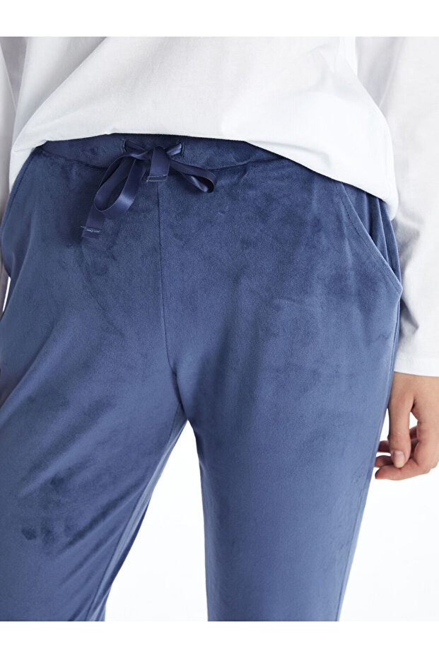 Beli Lastikli Düz Kadife Kadın Jogger Pijama Alt - 3