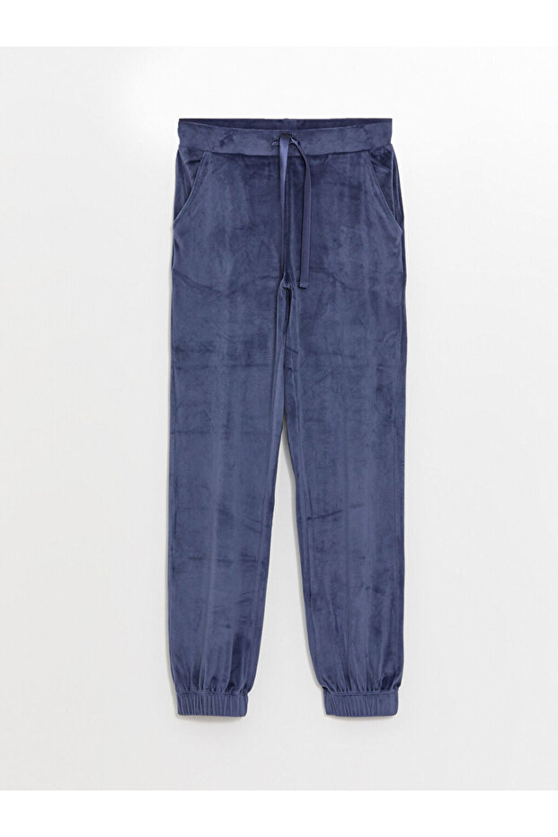 Beli Lastikli Düz Kadife Kadın Jogger Pijama Alt - 6
