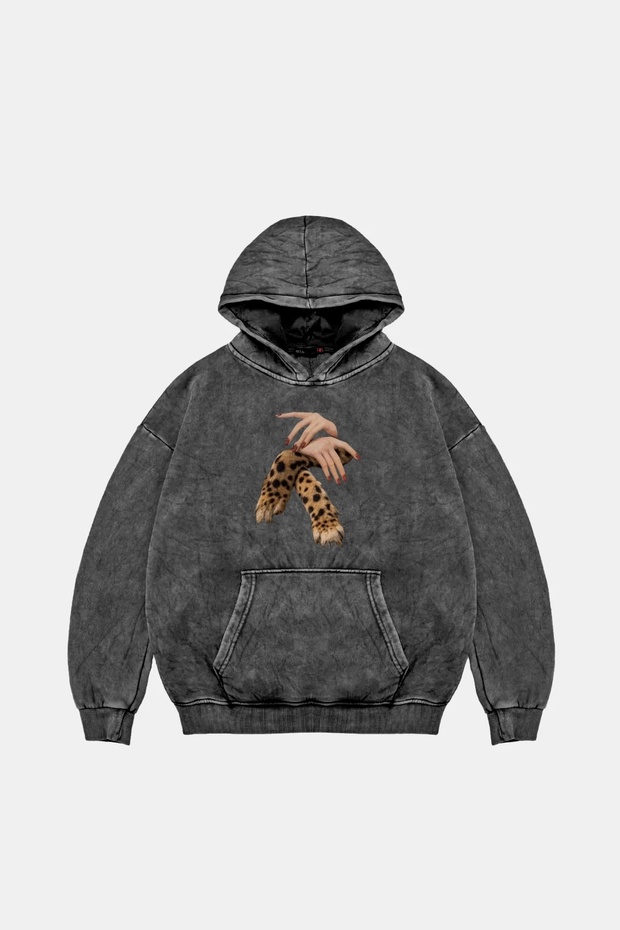 Leopard Hand Printed Oversize Unisex Premium Washable Black Hoodie