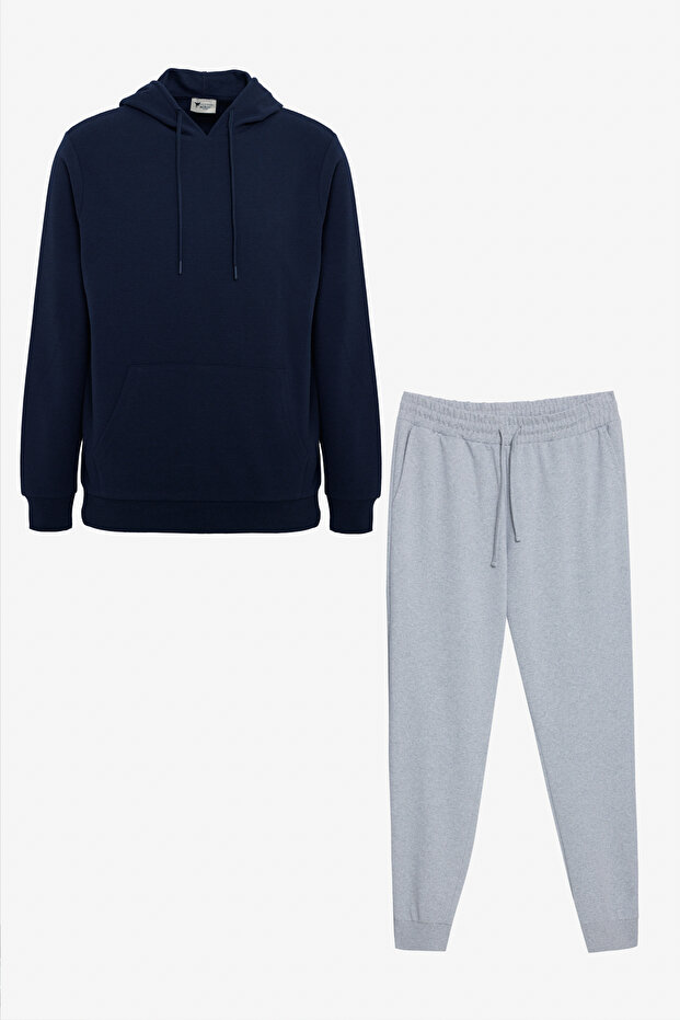 Erkek Lacivert-Gri Melanj Pamuklu Alt Üst 2'li Takım Kapüşonlu Kanguru Cepli Standart Fit - 1