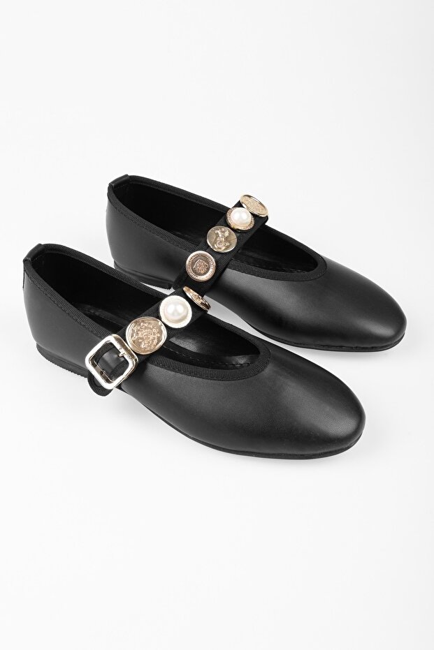 Női etnikai fekete bőrű bross, részletes övre állítható balerinák - 2