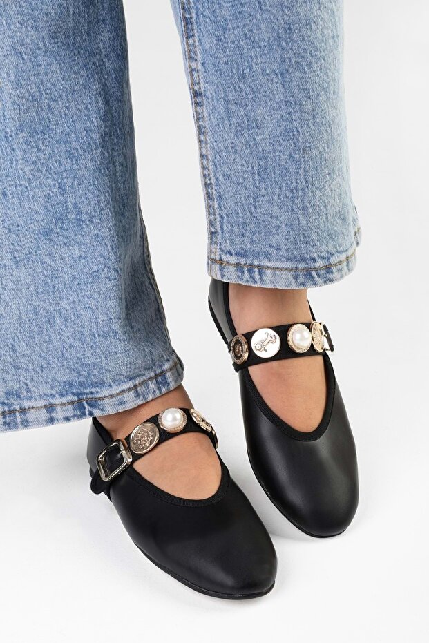 Női etnikai fekete bőrű bross, részletes övre állítható balerinák - 5