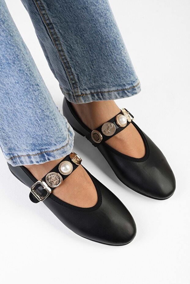 Női etnikai fekete bőrű bross, részletes övre állítható balerinák - 4