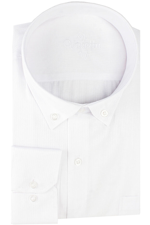 Men's White Striped Long Sleeve Large Size Wide Cut Pocket Shirt