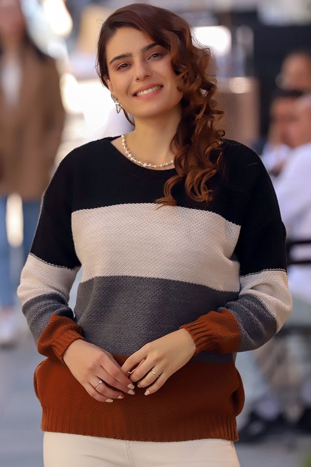 Bicycle Round-Neck Long-Sleeve Color-Blocked Rib-Knit Skirt with Elastic Waistband Knit Sweater