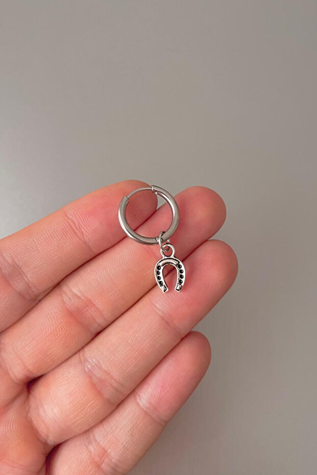 Unisex Silver Horseshoe Figured Dangle Steel Hoop Earrings