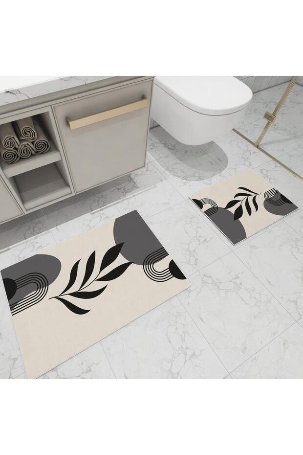 Bohemian Boho Themed Grey Cream Color Digital Printed Bath Mat 40X60 60X90'Cm