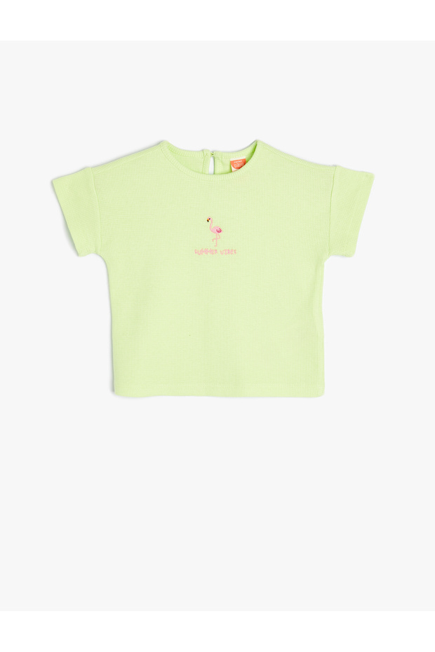 T-Shirt Short Sleeve Flamingo Embroidered Crew Neck Cotton