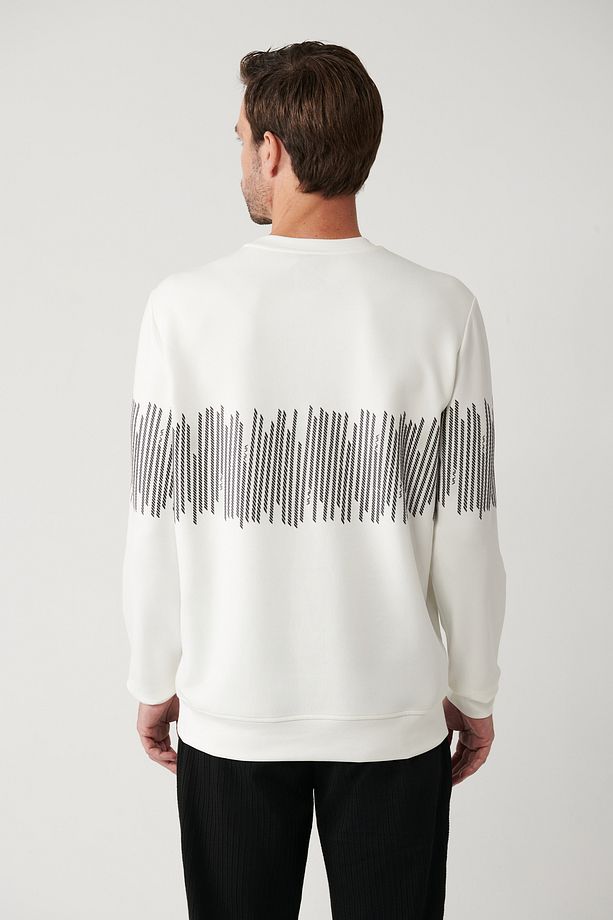 Erkek Ekru Bisiklet Yaka Pamuklu Çizgili Sweatshirt B001203 - 5