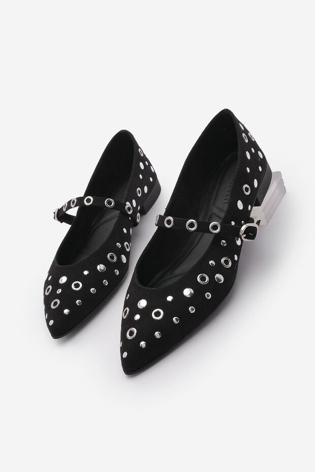 Black Suede Women's Ballerinas - Pointed Toe, Studded and Troc Daily Laventus