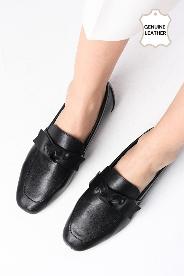 Candy Genuine Leather Black Color Bow Accessory Blunt Toe Women's Loafer Shoes