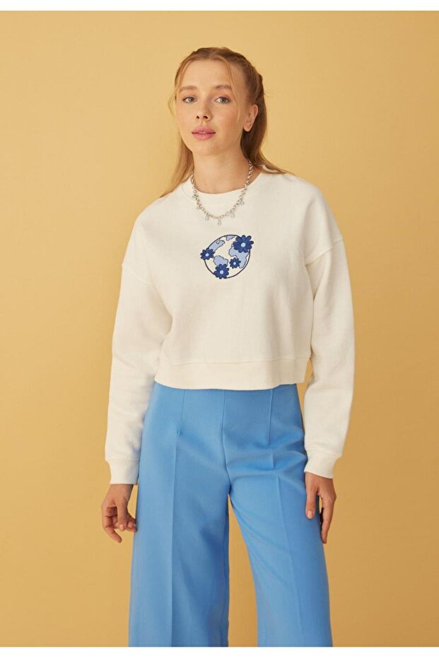 Women's Navy Blue Front Embroidered 3 Thread Raised Sweatshirt