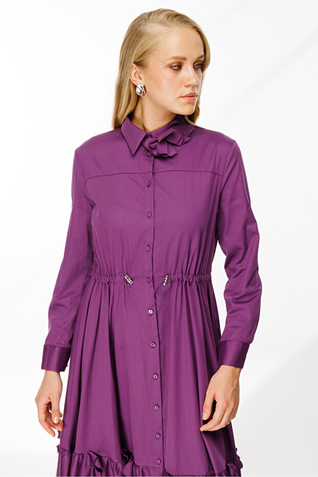 Lazer Çiçekli Gömlek Elbise MOR - 5