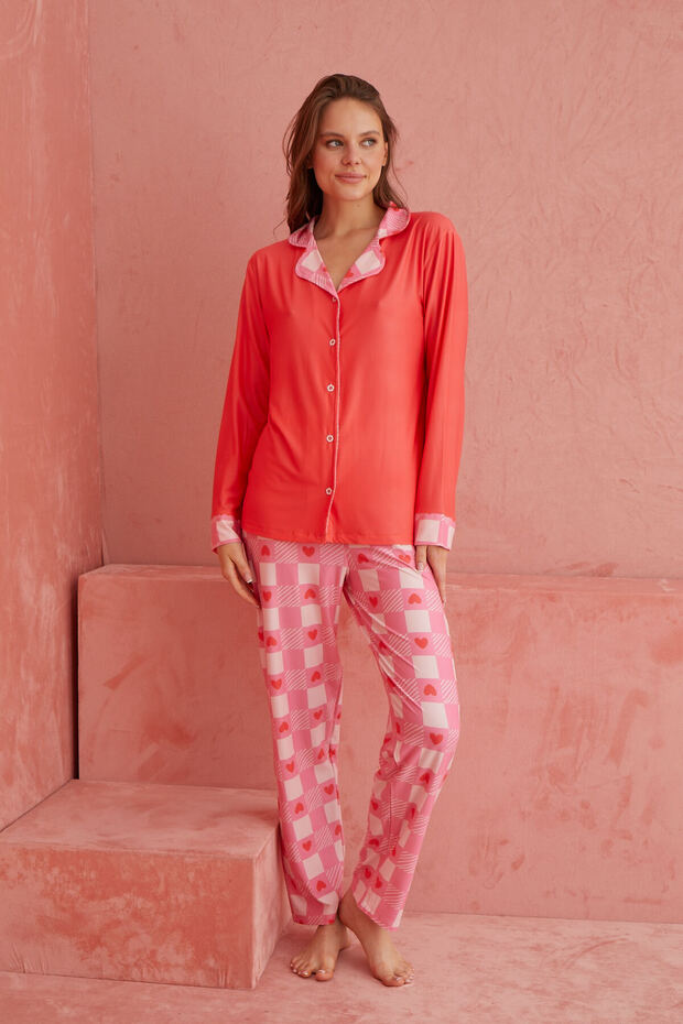 Nar Çiçeği Ekose Desenli Önden Düğmeli Uzun Kollu Örme Pijama Takımı - 2