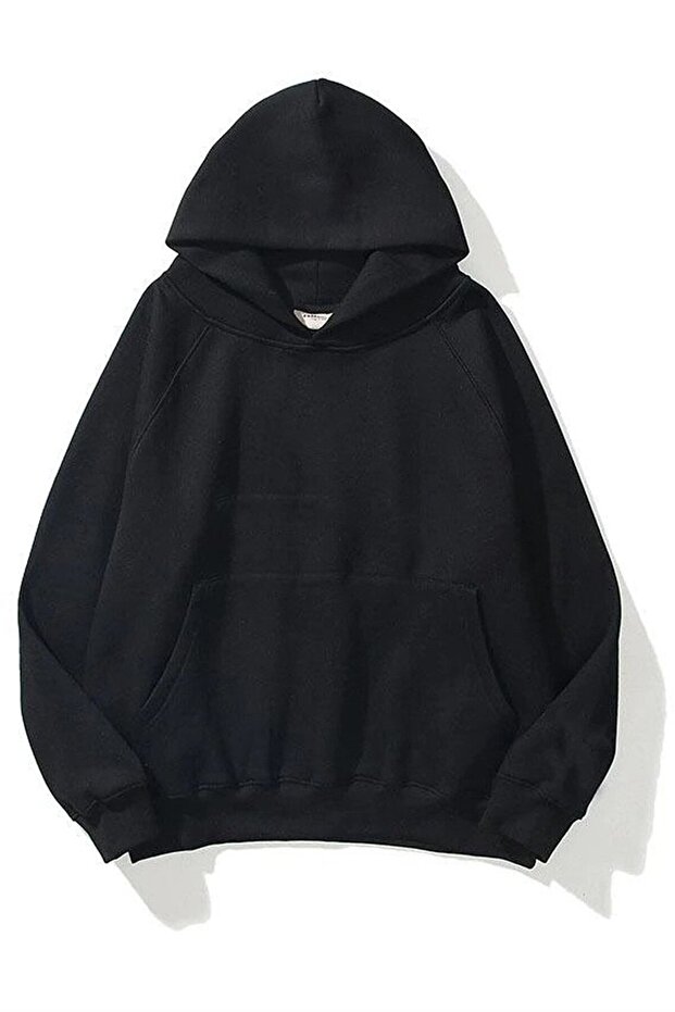 Unisex Siyah Basic Sweatshirt Hoodie - 1