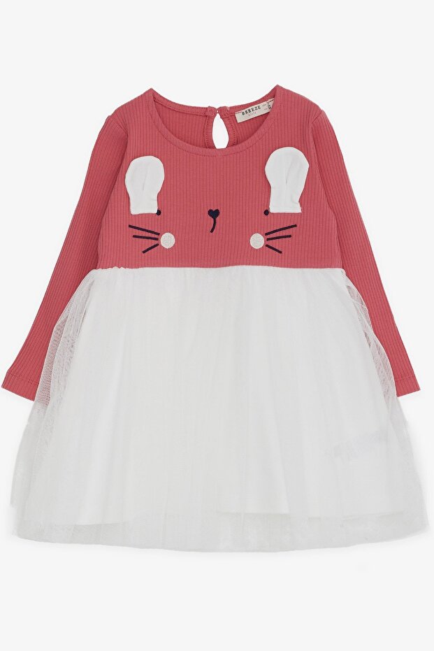 Girl's Long Sleeve Dress with Kitten Embroidery, Age 1.5-5, Tile