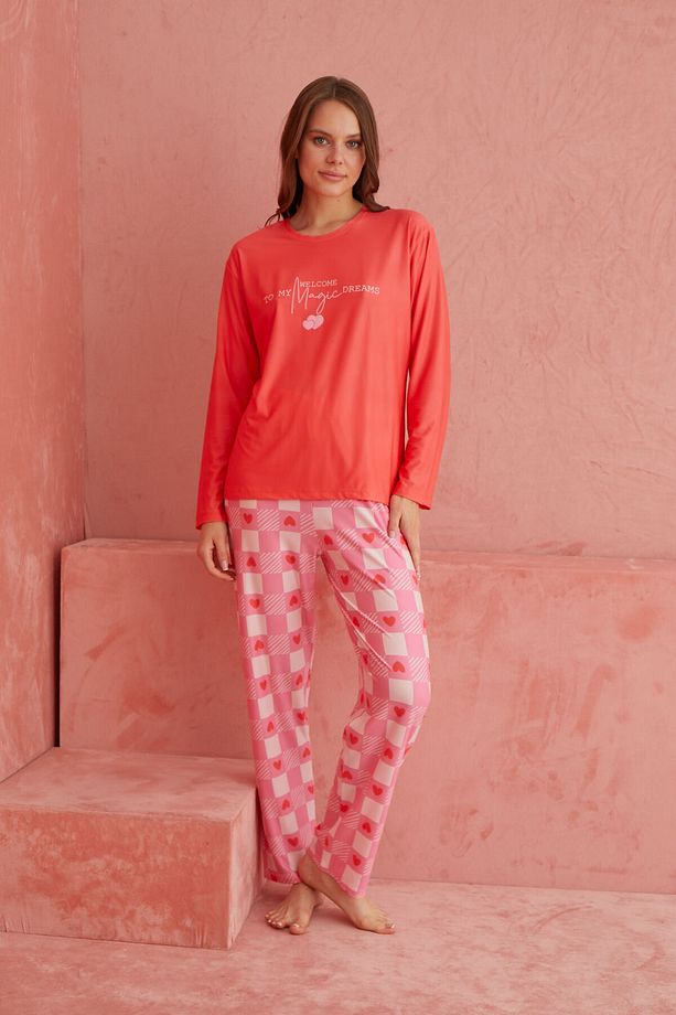 Nar Çiçeği Ekose Desenli Uzun Kollu Örme  Pijama Takımı - 2