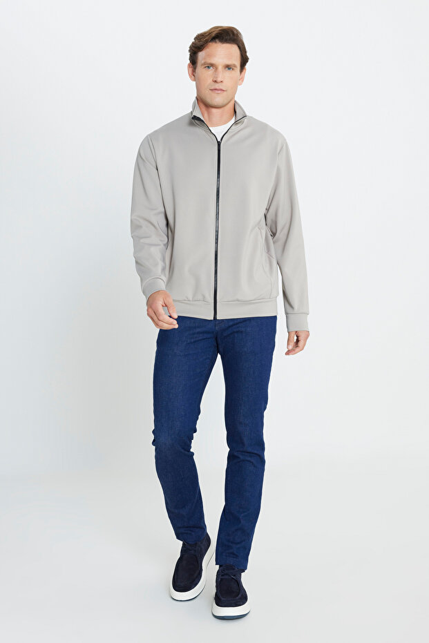 Erkek Bej Pamuklu İnterlok Kumaş Fermurlı Cepli Esnek Sweatshirt Ceket Standart Fit Dik Yaka - 2