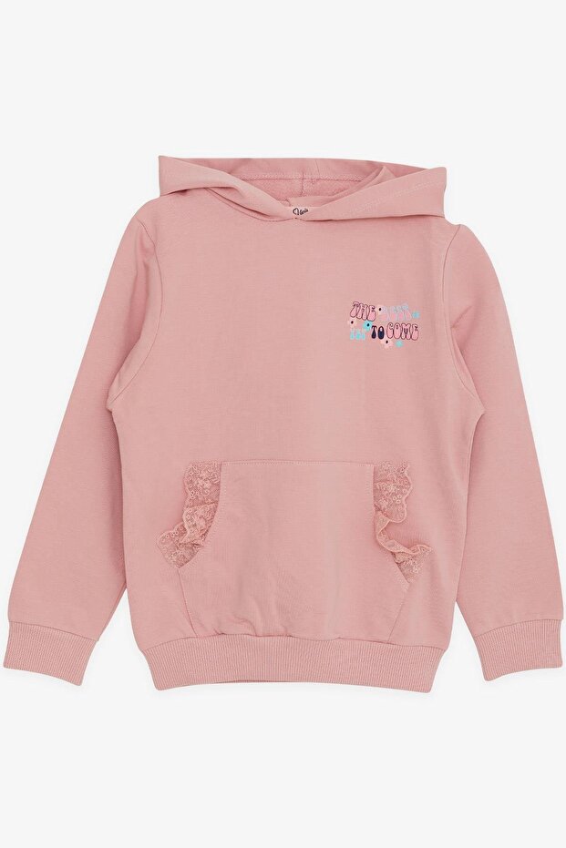 Girl's Sweatshirt Kangaroo Pocket Text Printed Laced 3-8 Years, Dried Rose