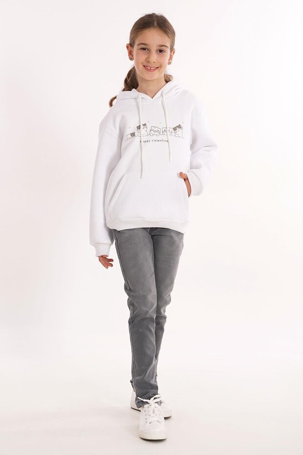 Cat Printed Kangaroo Pocket White Color Girl's Hooded Sweatshirt