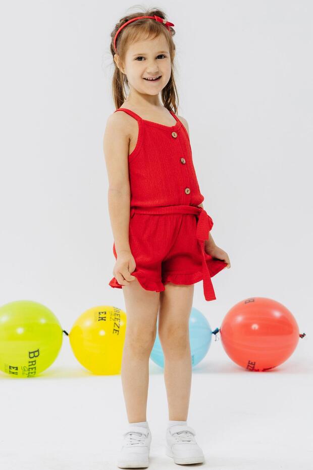 Girl's Jumpsuit with Shorts Buttoned Belted Waist 4-9 Years, Red