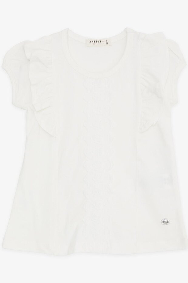 Girl's T-Shirt with Ruffled Gourd Embroidery 3-8 Years Old, Ecru