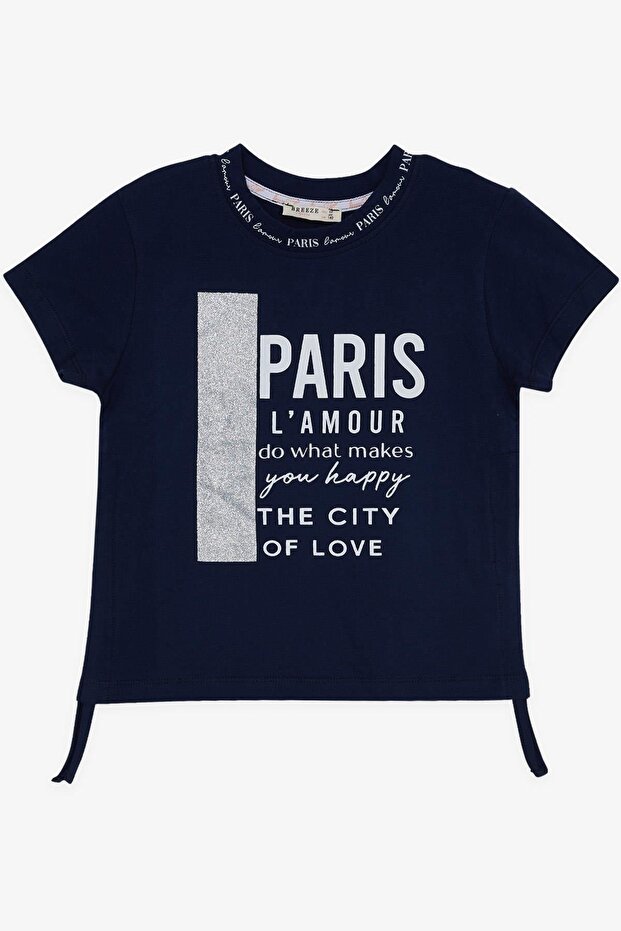Girl's T-Shirt Text Printed Glitter Side Gathered 9-14 Years, Navy Blue