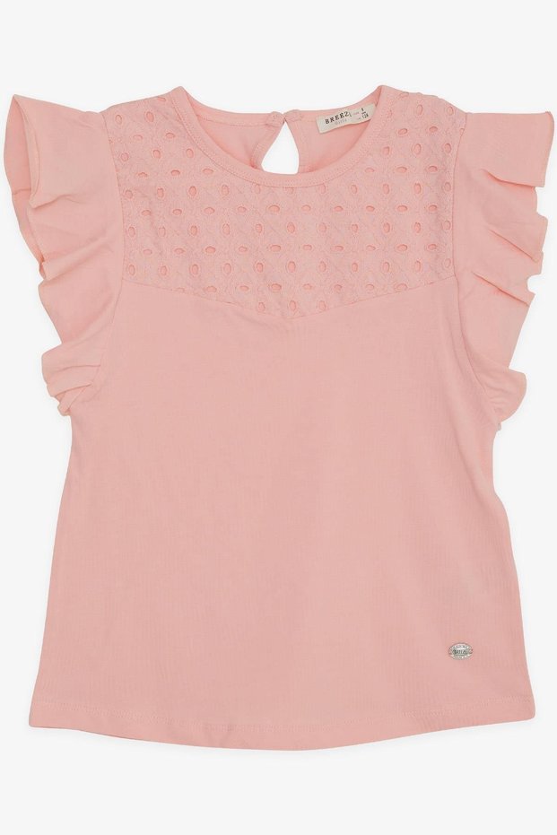 Girl's T-Shirt with Frilly Sleeves and Embroidery Lacing, 6-12 Years, Salmon