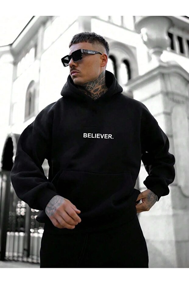 Men's Black Believer Printed Hooded Sweatshirt