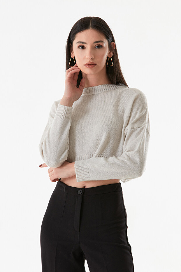 Basic Bisiklet Yaka Crop Triko Kazak - 6