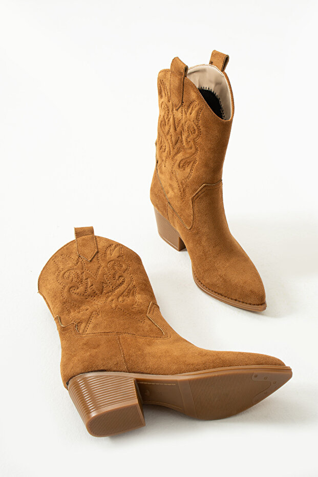 Taba Süet Western Kısa Kovboy Çizmesi - 9