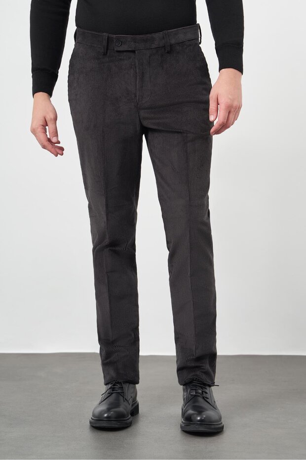 Men's Dark Anthracite Cotton Comfort Fit Velvet Trousers with Side Pockets 1003245160