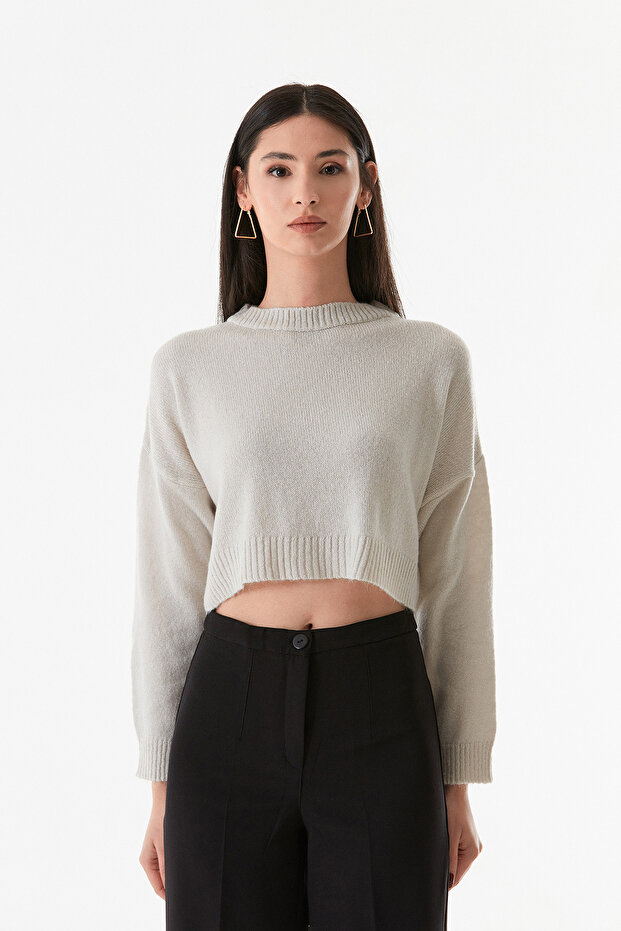 Basic Bisiklet Yaka Crop Triko Kazak - 8