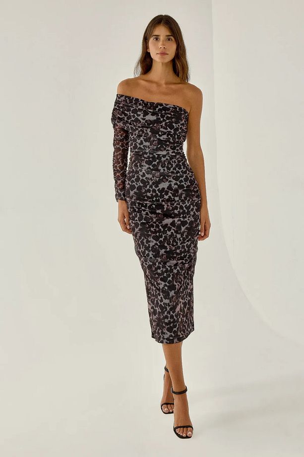 Leopar Desenli Tek Kollu Maxi Elbise - 3