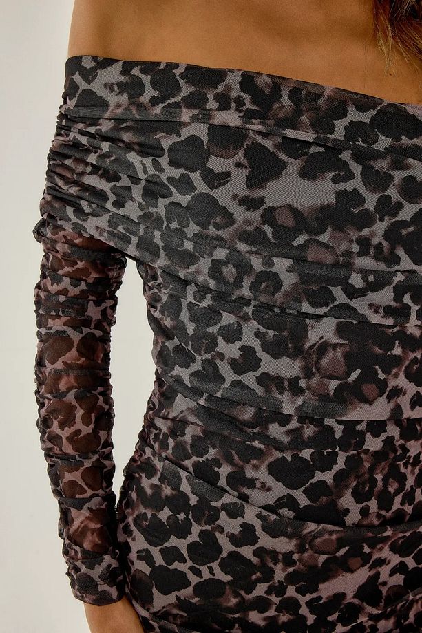Leopar Desenli Tek Kollu Maxi Elbise - 6