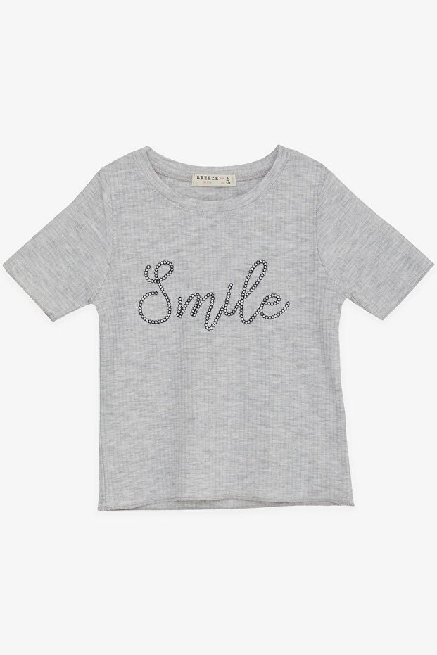 Girl's Crop T-Shirt, Embroidered Text Printed, Age 8-14, Gray Melange