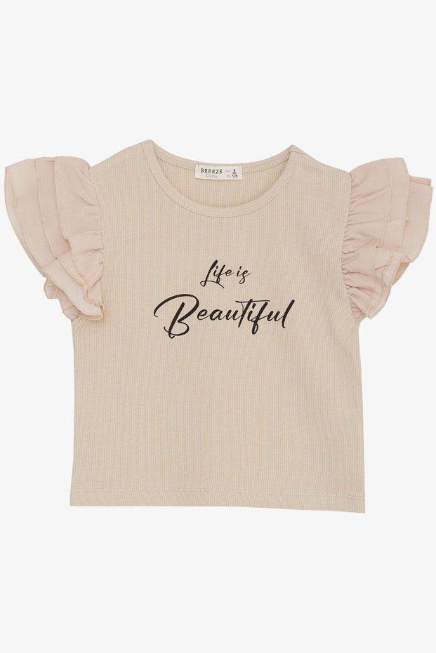 Girls T-shirt Belt Length Sleeves Crepe Fabric Ruffled Letter Printed 8-12 Years Old, Beige