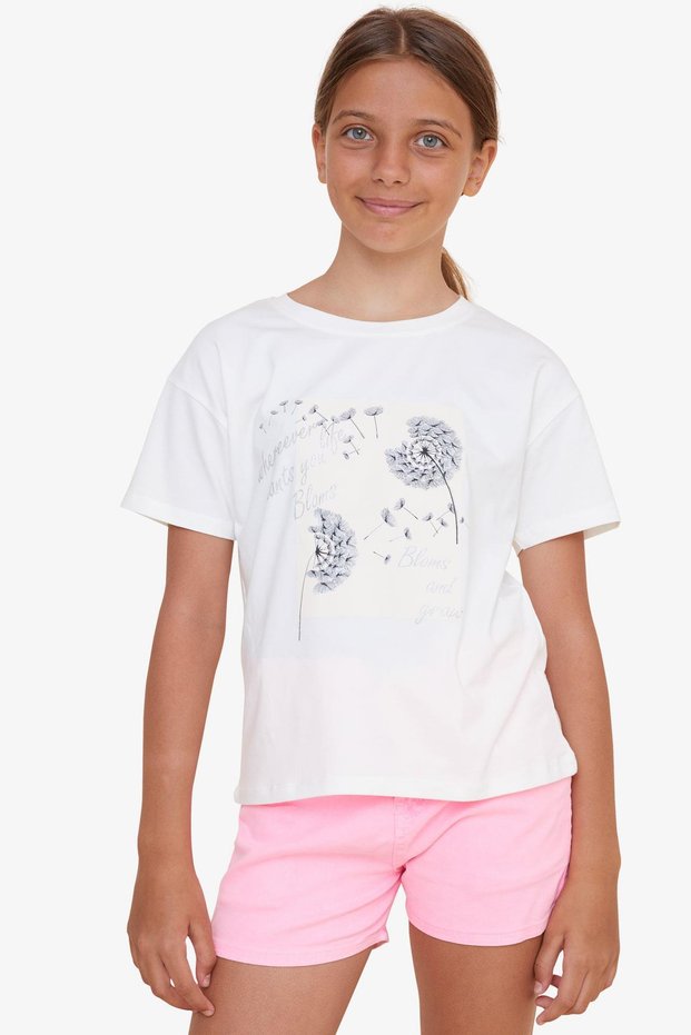 Girl's T-Shirt Floral Printed, Age 9-14, Ecru