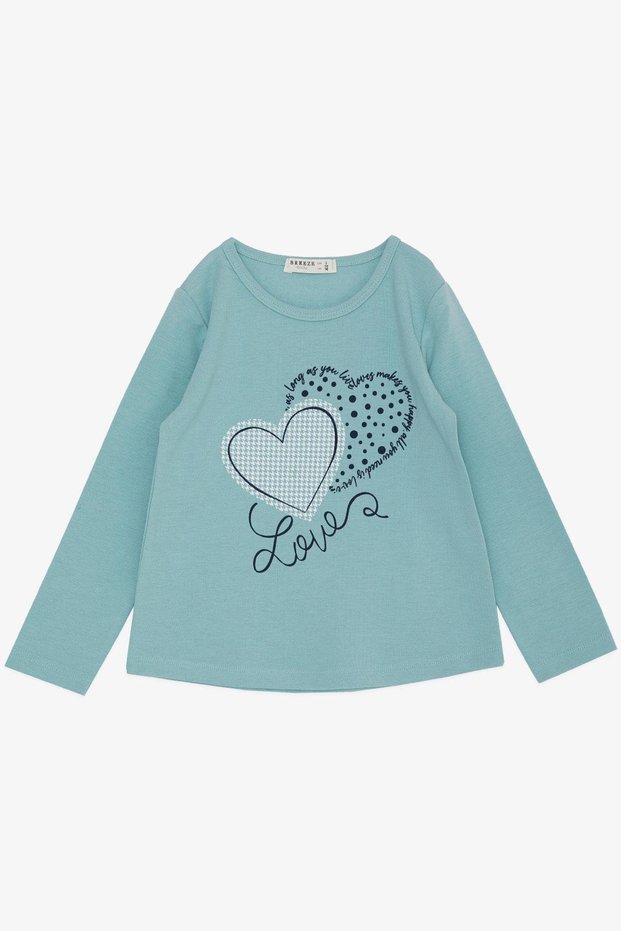 Girl's Long Sleeve T-Shirt Summer Heart Printed Age 3-8, Water Green