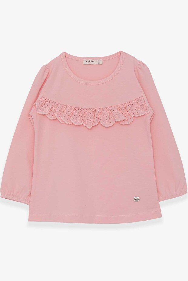 Girl's Long Sleeve T-Shirt Ruffled, Age 3-8, Powder