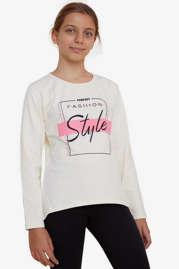 Girl's Long Sleeve T-Shirt with Stony Text Printed, Age 6-12, Cream