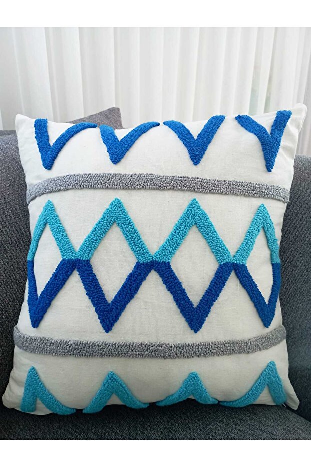 Blue Patterned 45X45Cm Linen Throw Pillow Cover - Punch Embroidered Pillow Cover