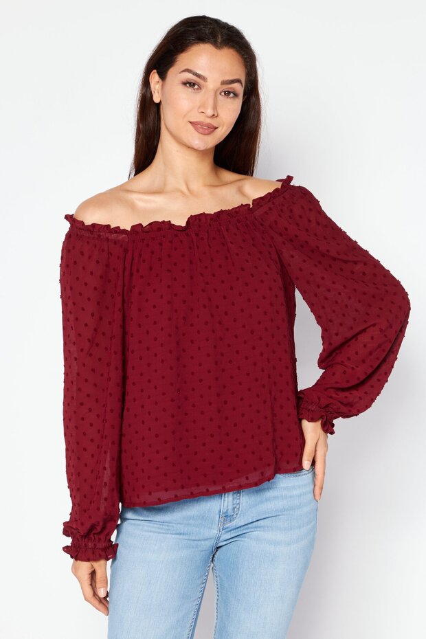 Women Off Shoulder Neckline Long Sleeves Embroidered Blouse, Maroon